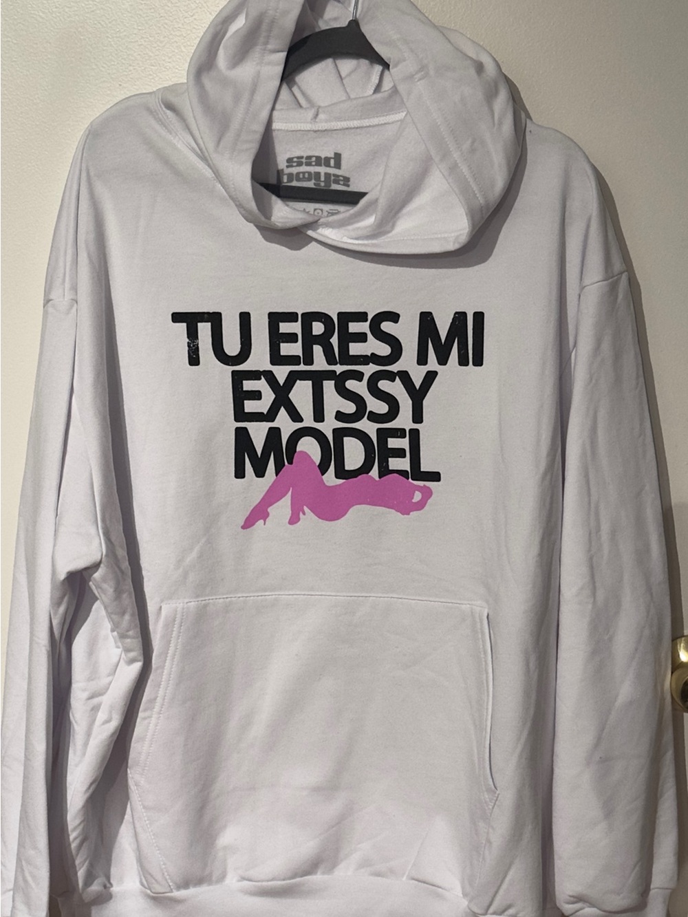 Sad Boyz White Hoodie with Black Text & Pink Graphic